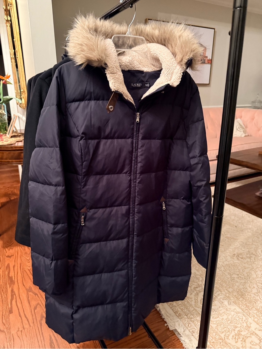 Ralph Lauren Navy Quilted Puffer Coat with Faux Fur Hood